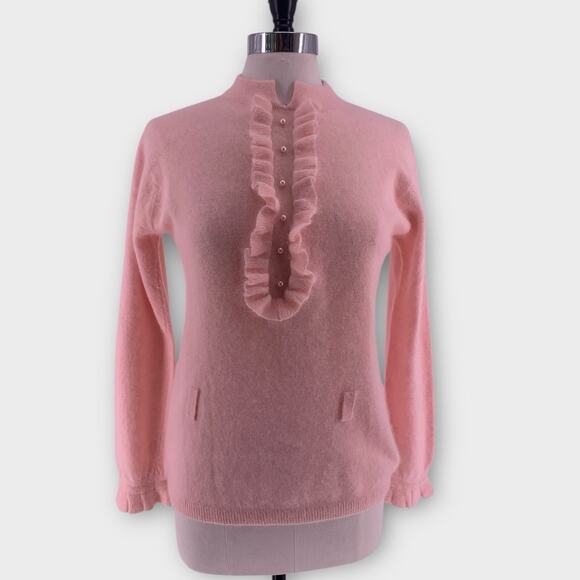 VTG Wool Angora Baby Pink Sweater Classic Pearl Ruffle M - Picture 1 of 8